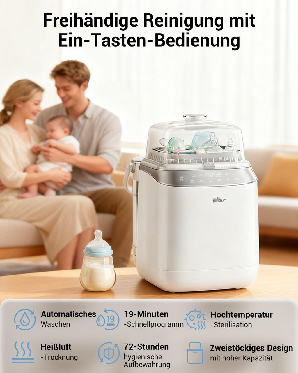 Bottle Washer Pro Automatischer Flaschenreiniger Sterilisator und Trockner für Babyflaschen 5 Modi 72 Stunden Aufbewahrung 90 Reinigungstabletten