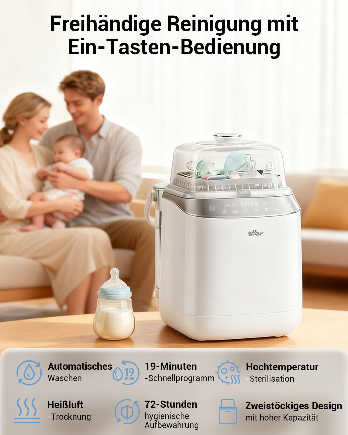 Bottle Washer Pro Automatischer Flaschenreiniger Sterilisator und Trockner für Babyflaschen 5 Modi 72 Stunden Aufbewahrung 90 Reinigungstabletten