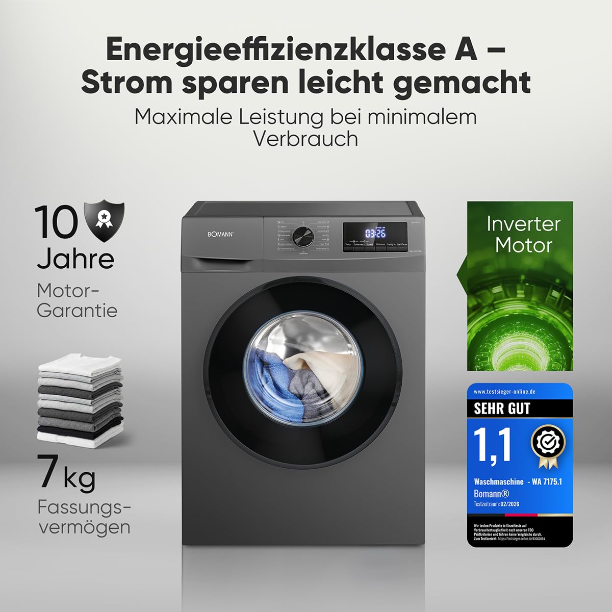 Waschmaschine WA 7175.1 7 kg Invertermotor 1400 U/min 15 Programme Energieeffizienzklasse A LED-Display
