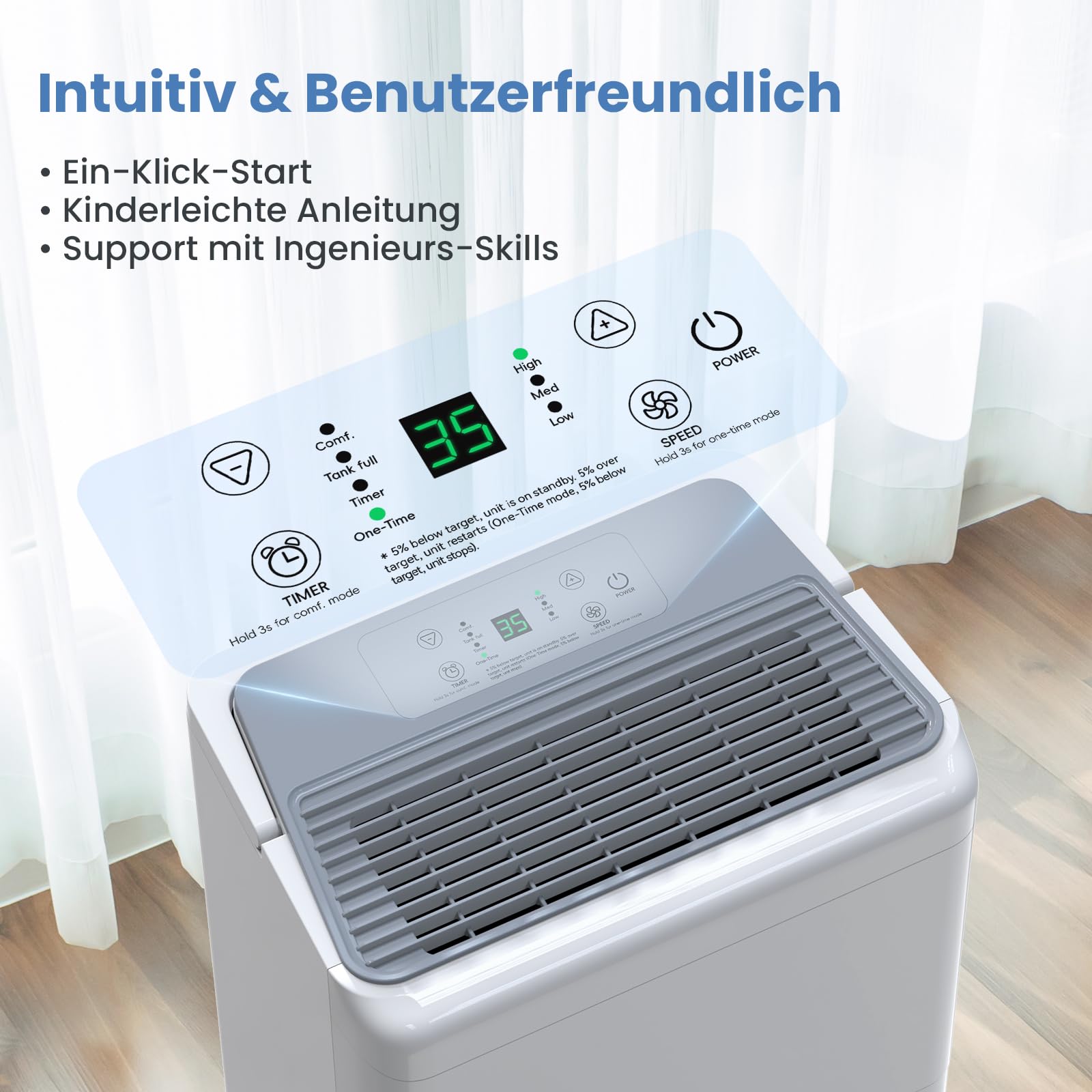 Luftentfeuchter elektrisch 20L DFL-20L für Keller bis 50m² mit 475W Leistung und 3,4L Wassertank