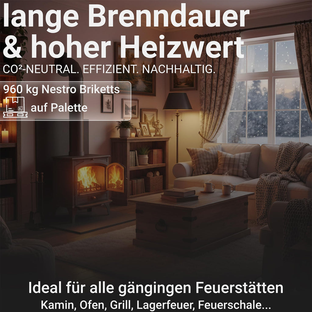Nestro Hartholzbriketts aus Buche und Eiche 960 kg Palette 70–90 mm Durchmesser 25–30 cm Länge 5,2 kWh/kg