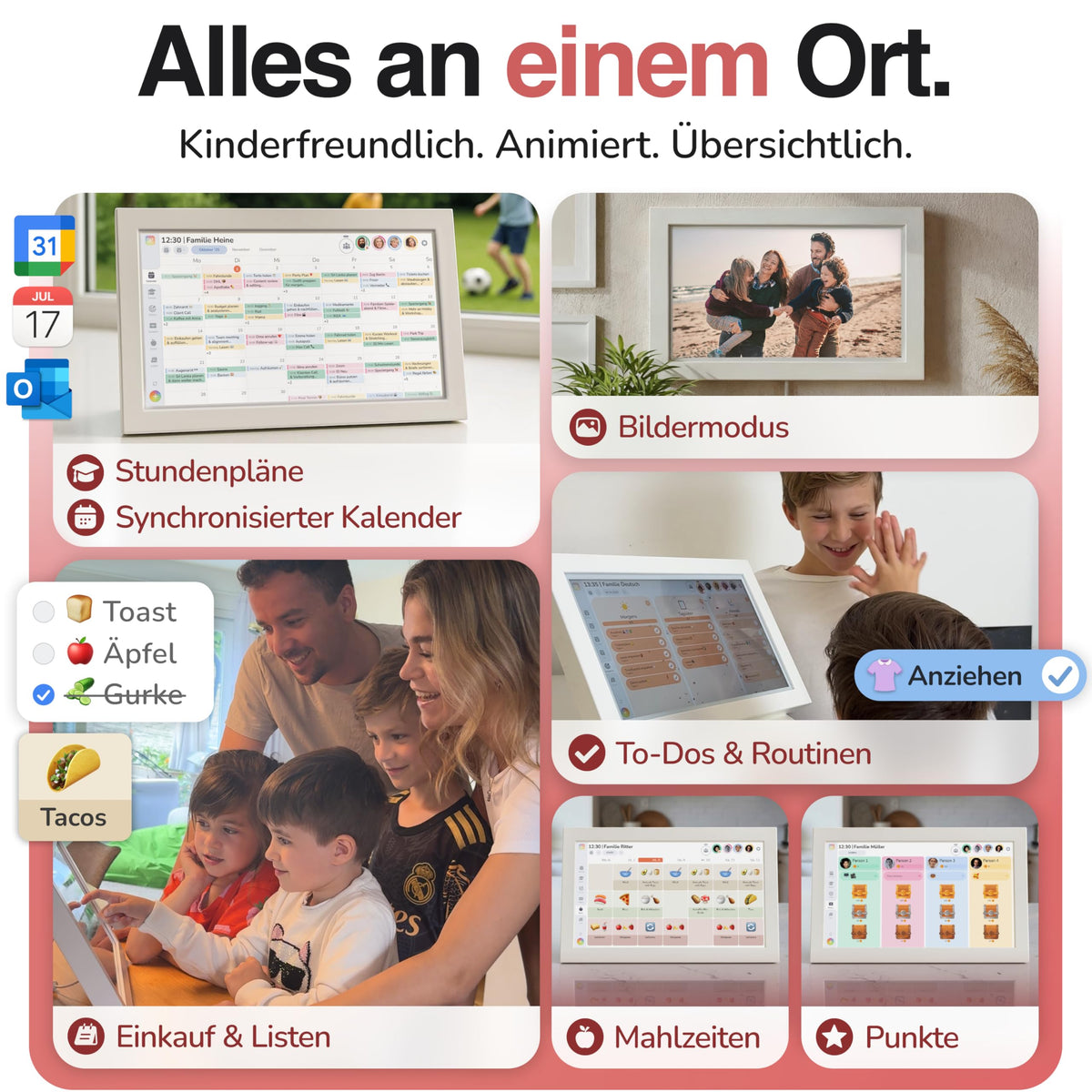 Digitaler Familienkalender 15,6 Zoll Wandkalender FHD Touchscreen App für iOS und Android 40 x 25 cm Kalender To-dos Routinen