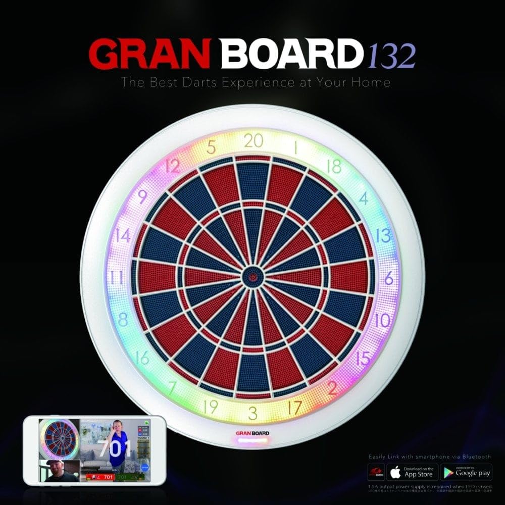 Elektronische Smart-Dartscheibe GranBoard 132 mit Bluetooth 4.0 13,2 Zoll Turniergröße und 2-Loch Double- und Triplefeldern