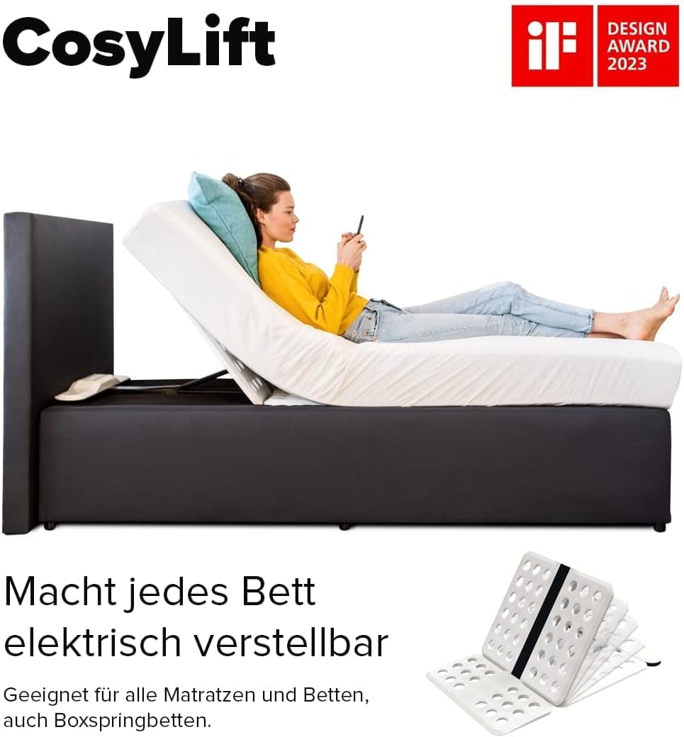 Elektrischer Bettlift CosyLift für Matratzen bis 110 cm 150 kg 102 × 70 cm mit Motor und Handschalter
