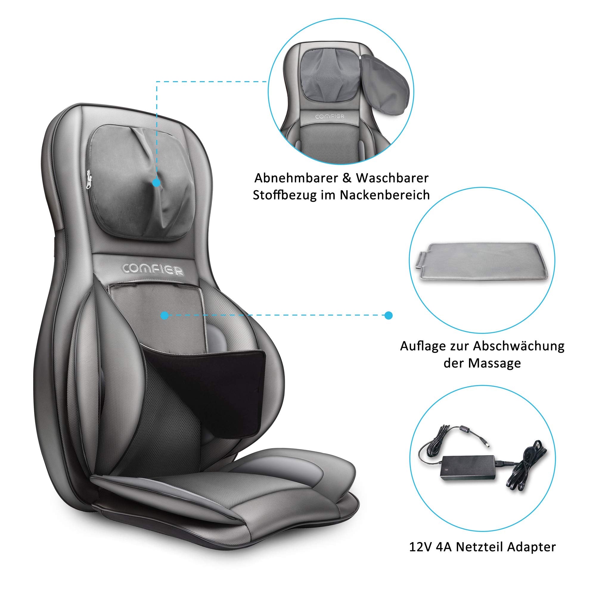 Shiatsu Massagesitzauflage mit Wärme 3D-Knetmassage Rollenmassage 3 Intensitätsstufen 15-Minuten-Timer für Nacken Rücken Schultern