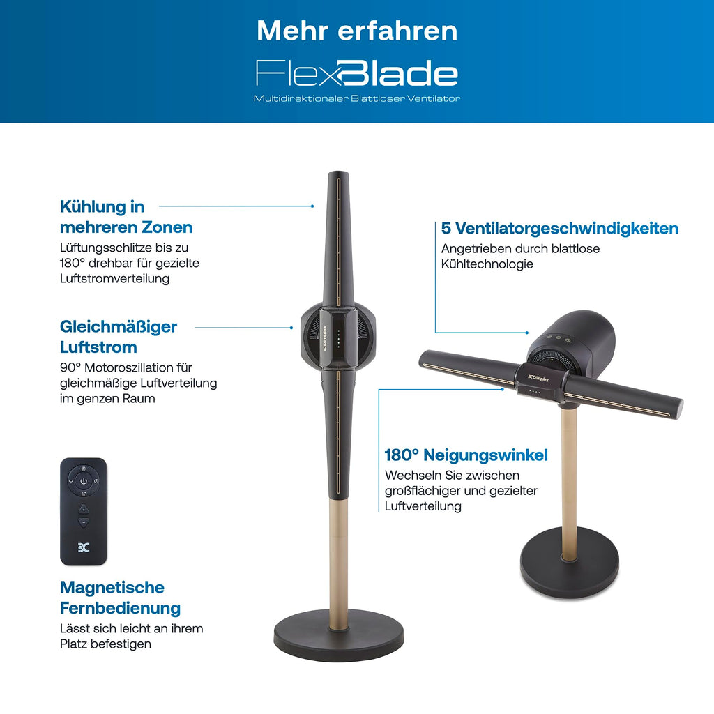 Flügelloser Standventilator FlexBlade 48 W mit 5 Stufen 36 dB 180° Luftauslässen 90° Oszillation 10-Stunden-Timer und Fernbedienung
