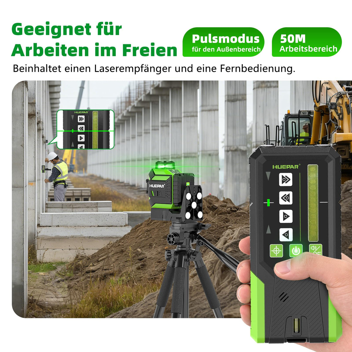 Kreuzlinienlaser 360° mit motorisierter Basis Fernbedienung automatischer Ausrichtung ±2 mm Präzision Pulsmodus 5200 mAh Akku