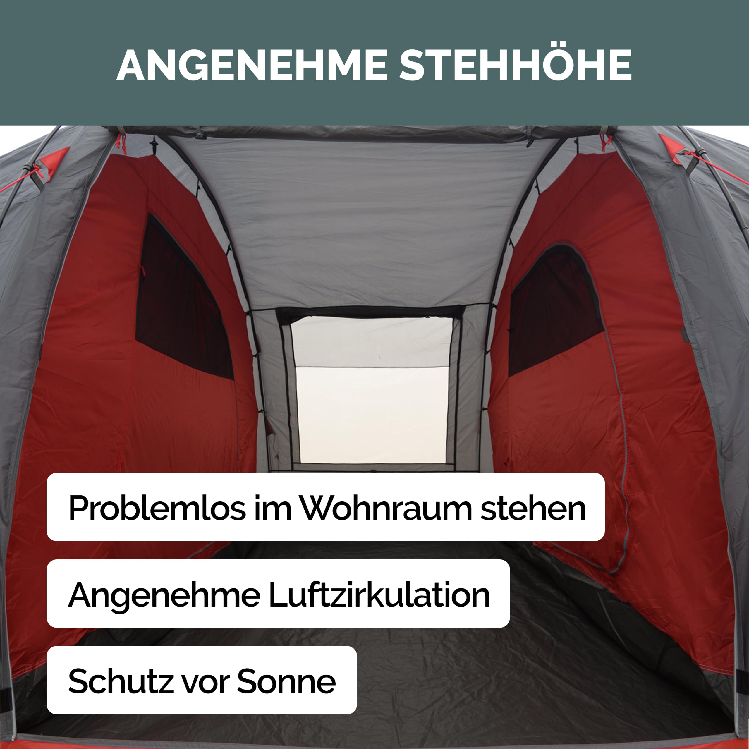Familienzelt Lake 4 Personen Tunnelzelt 470 x 230 x 190 cm 2 Schlafkabinen 3000 mm Wassersäule Stehhöhe eingenähter Boden