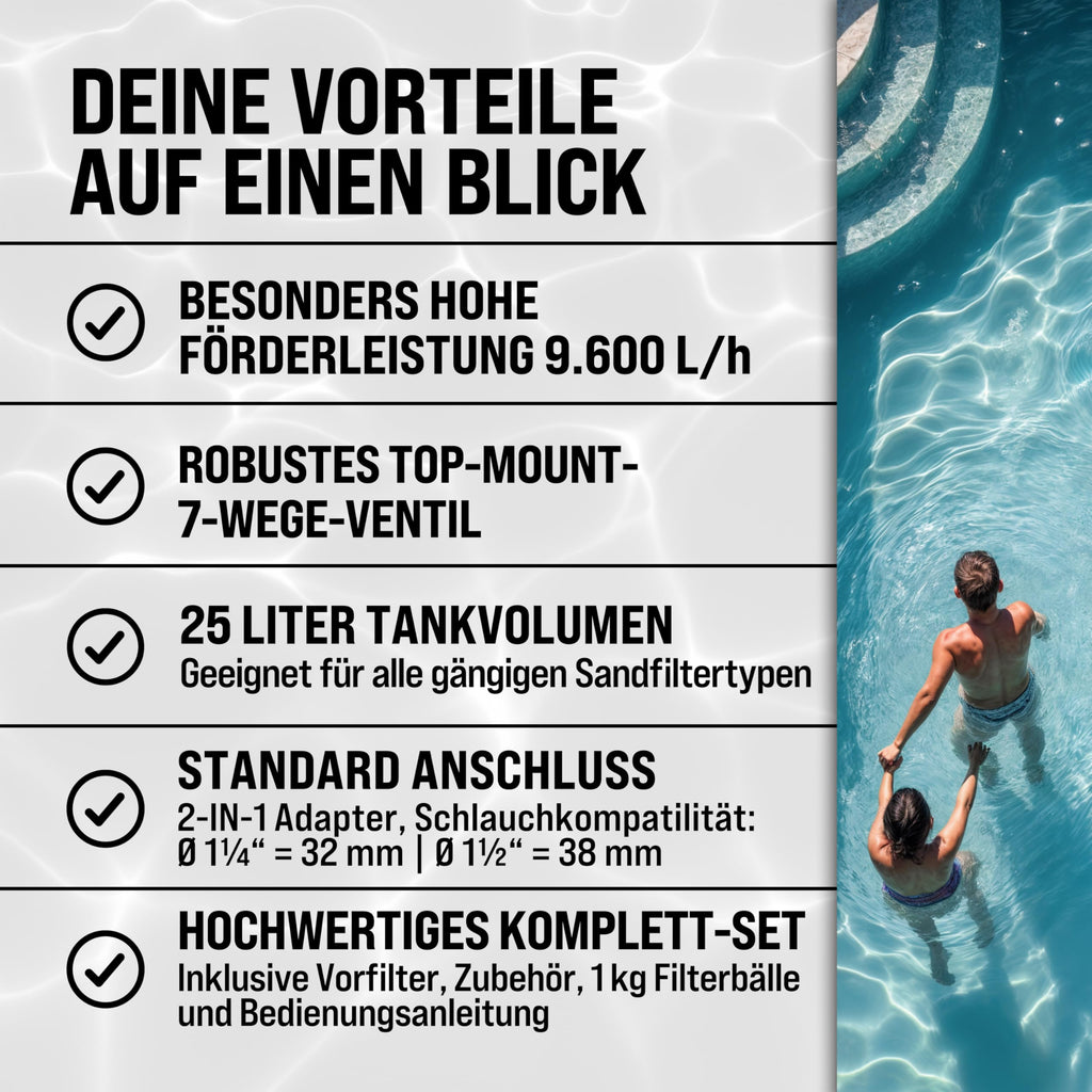 Sandfilteranlage SF96K 9600 l/h 400 W für Pools bis 30000 l mit 25 l Filterkessel 7-Wege-Ventil und Filterbällen