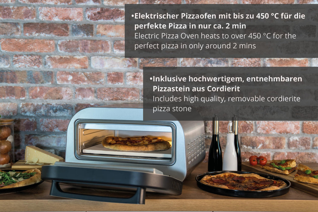 Elektrischer Pizzaofen LUIGI 68816 1700 W bis 450 °C mit 32 cm Cordierit-Pizzastein und Touch-Steuerung