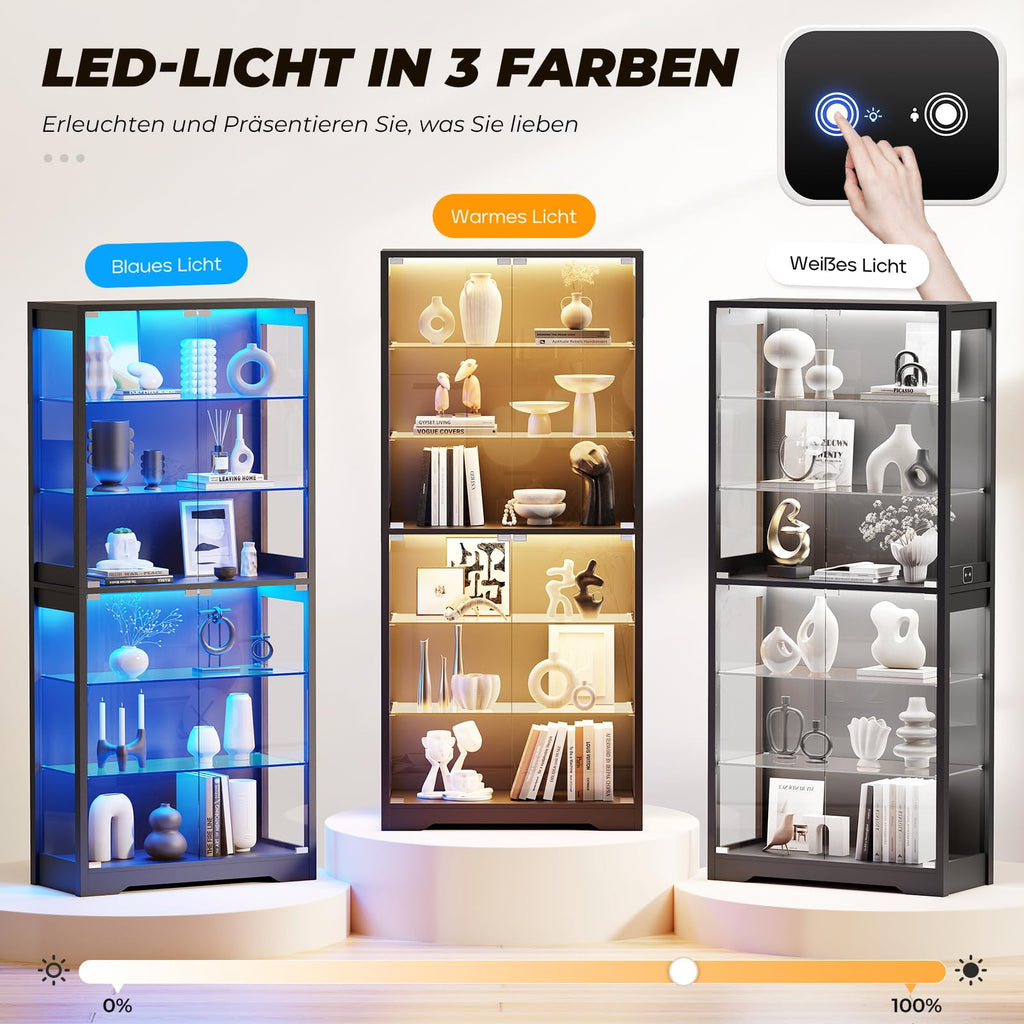 Vitrine mit Glastür BD019B 180 cm 6 Ebenen Beleuchtung verstellbare Glasböden für Sammlerstücke