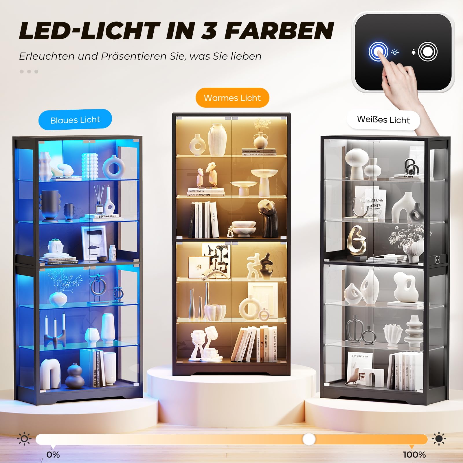 Vitrine mit Glastür BD019B 180 cm 6 Ebenen Beleuchtung verstellbare Glasböden für Sammlerstücke