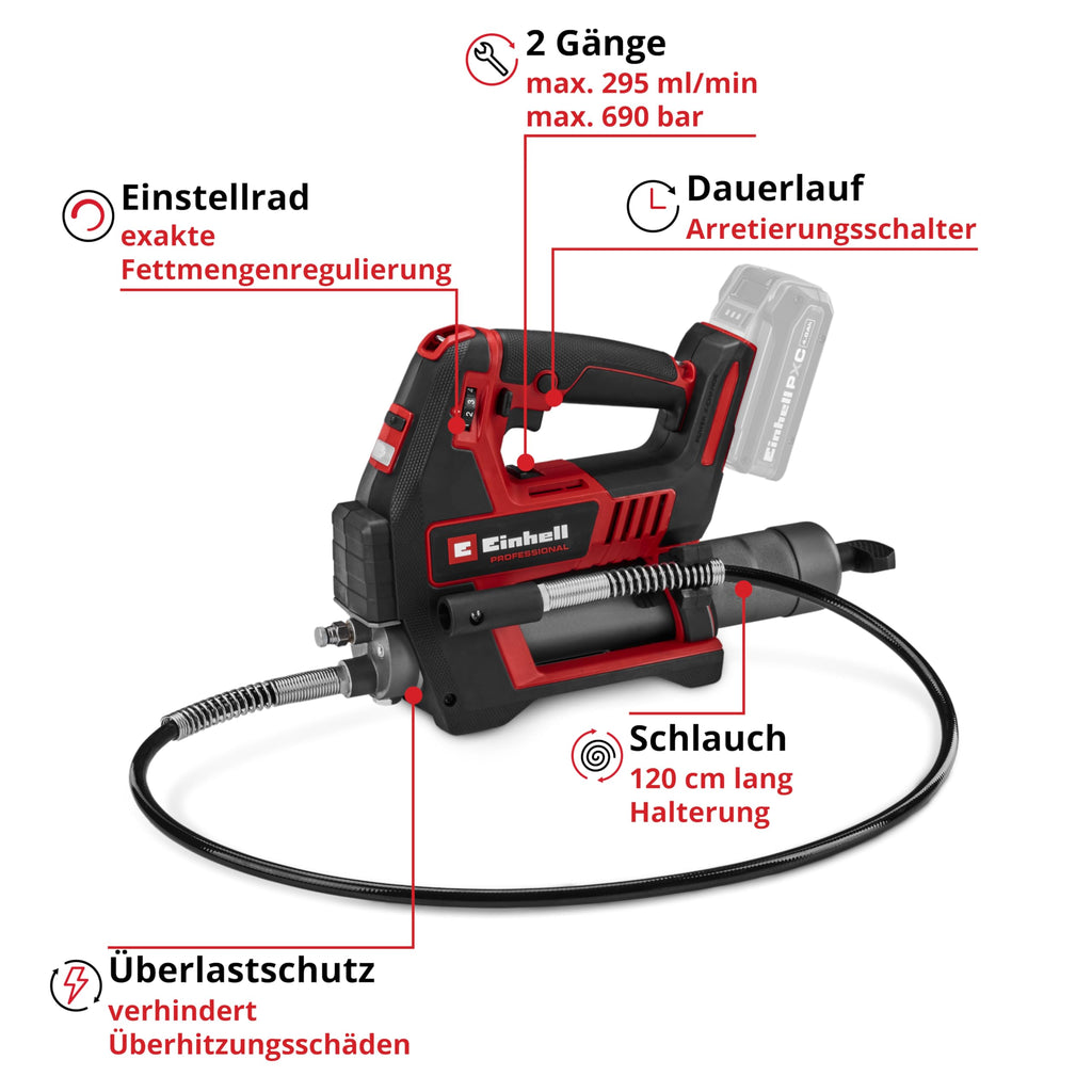 Akku Fettpresse TP-GR 18/690 Li 18 V 690 bar 295 ml/min 2 Gänge mit 120 cm Schlauch und Tragegurt ohne Akku