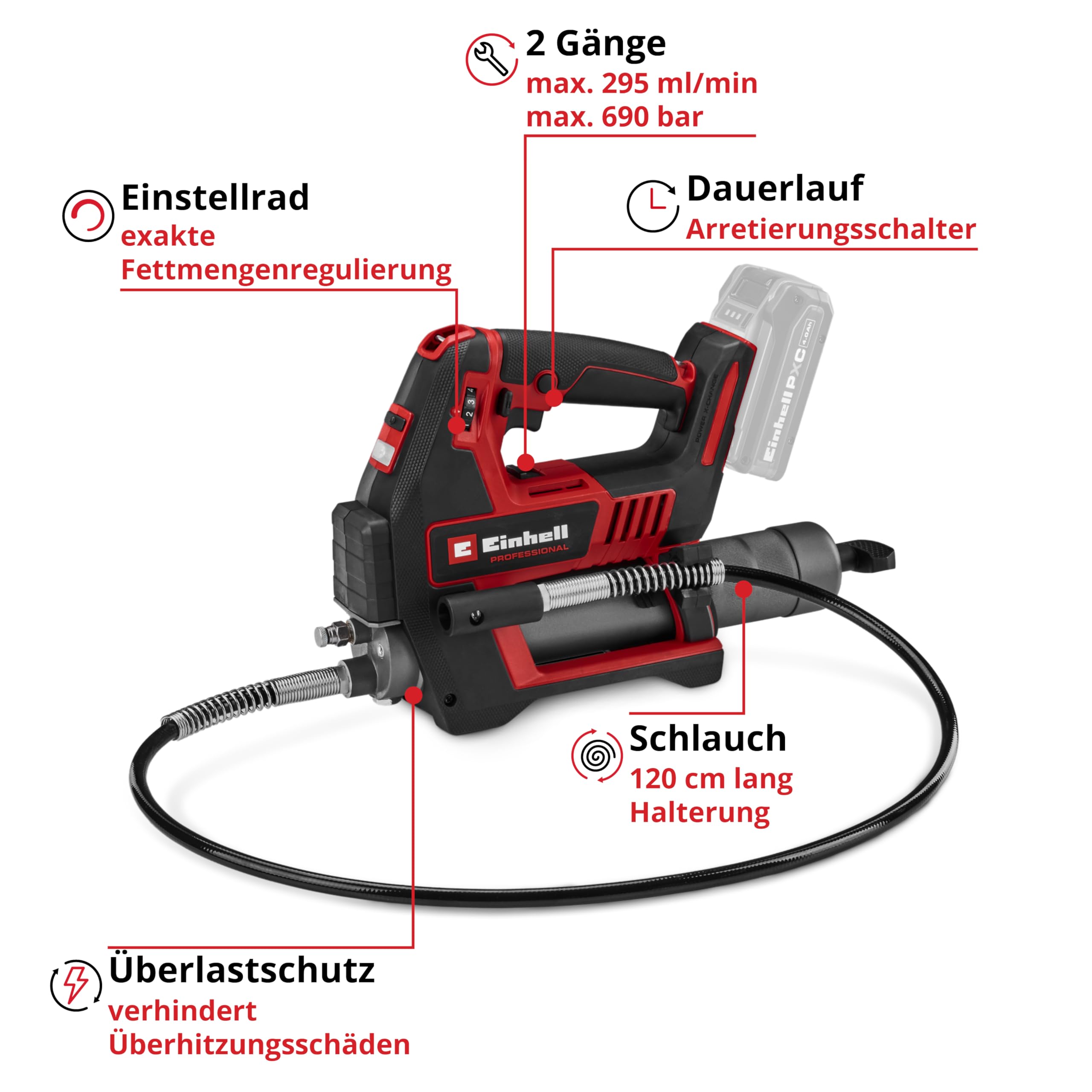 Akku Fettpresse TP-GR 18/690 Li 18 V 690 bar 295 ml/min 2 Gänge mit 120 cm Schlauch und Tragegurt ohne Akku
