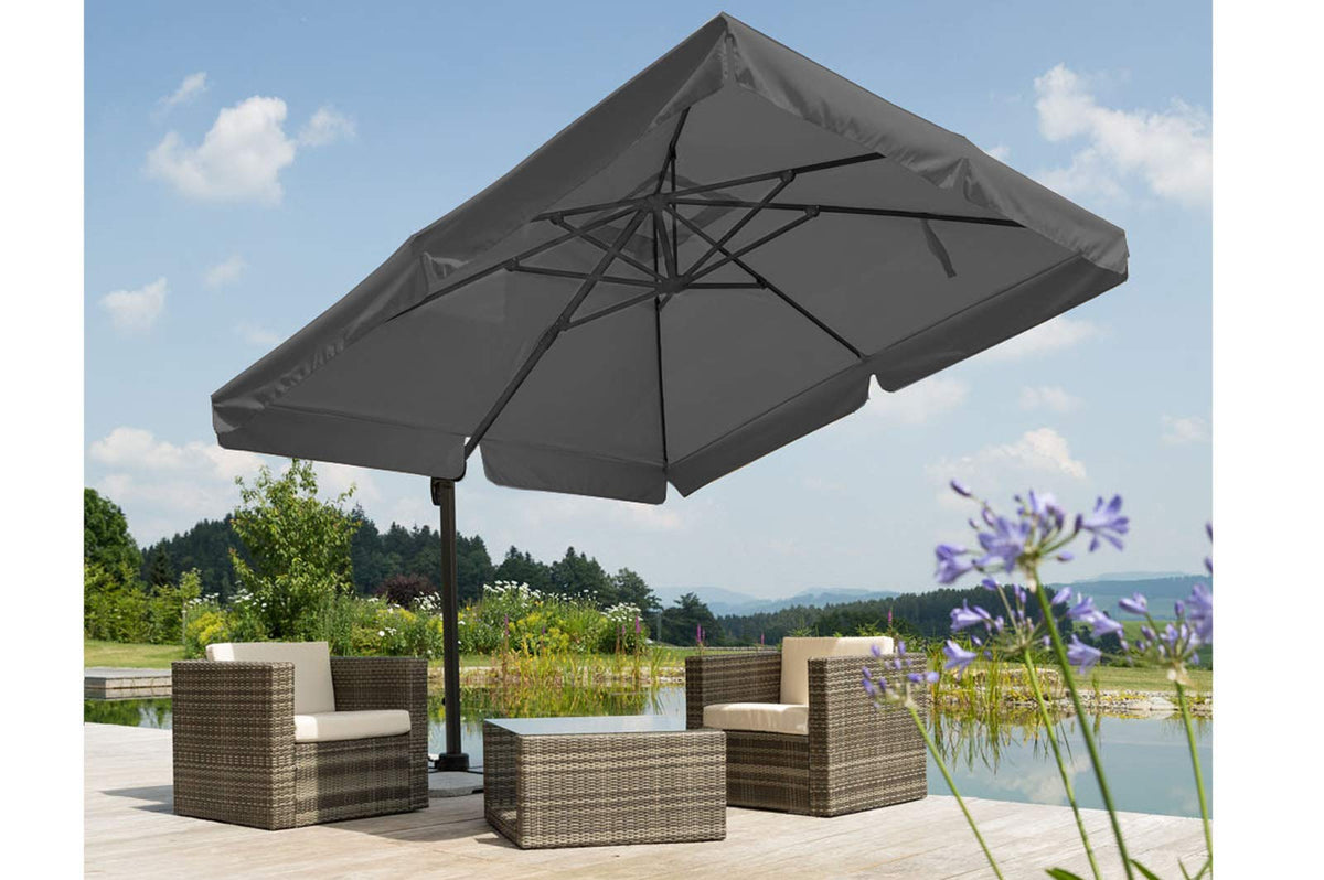 Sonnenschirm Rhodos 300 x 300 cm quadratisch mit UV-Schutz 50+ Alu-Stahl-Gestell Schutzhülle und Plattenständer