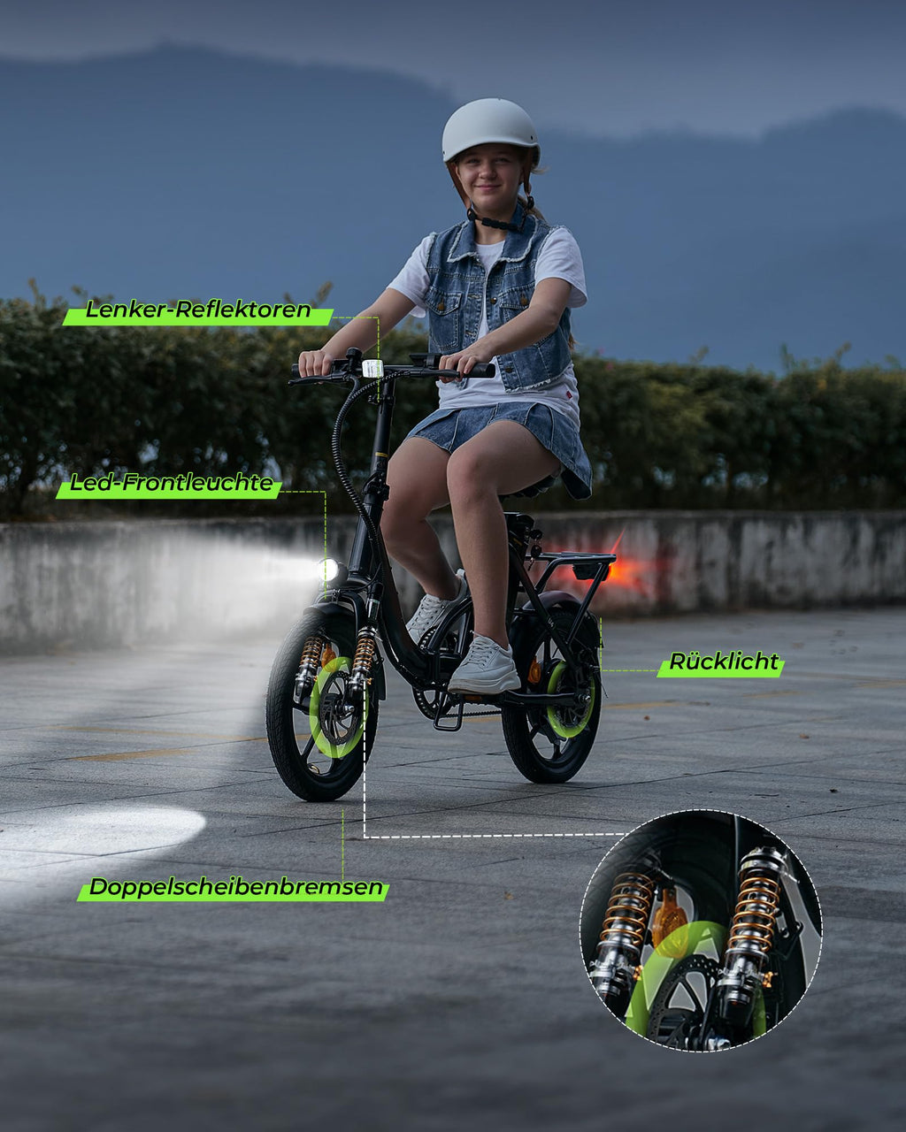 Faltbares E-Bike U4 16 Zoll Schwarz mit 250 W Motor 36 V 10,4 Ah Akku 5 Gängen Scheibenbremsen und Gepäckträger