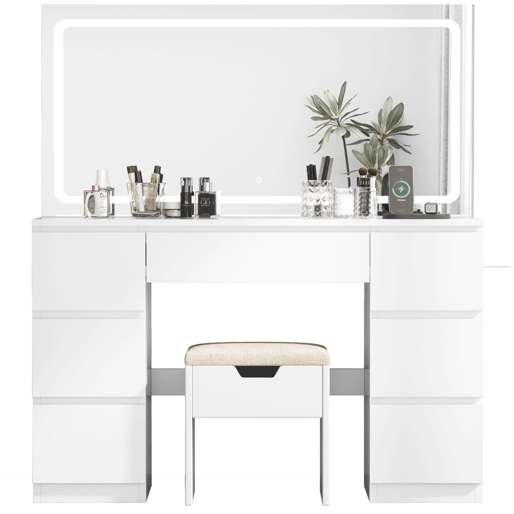 Schminktisch mit LED Spiegel TR-0884 115 x 40 x 139 cm 7 Schubladen 3 Lichtfarben mit Steckdosen und Hocker