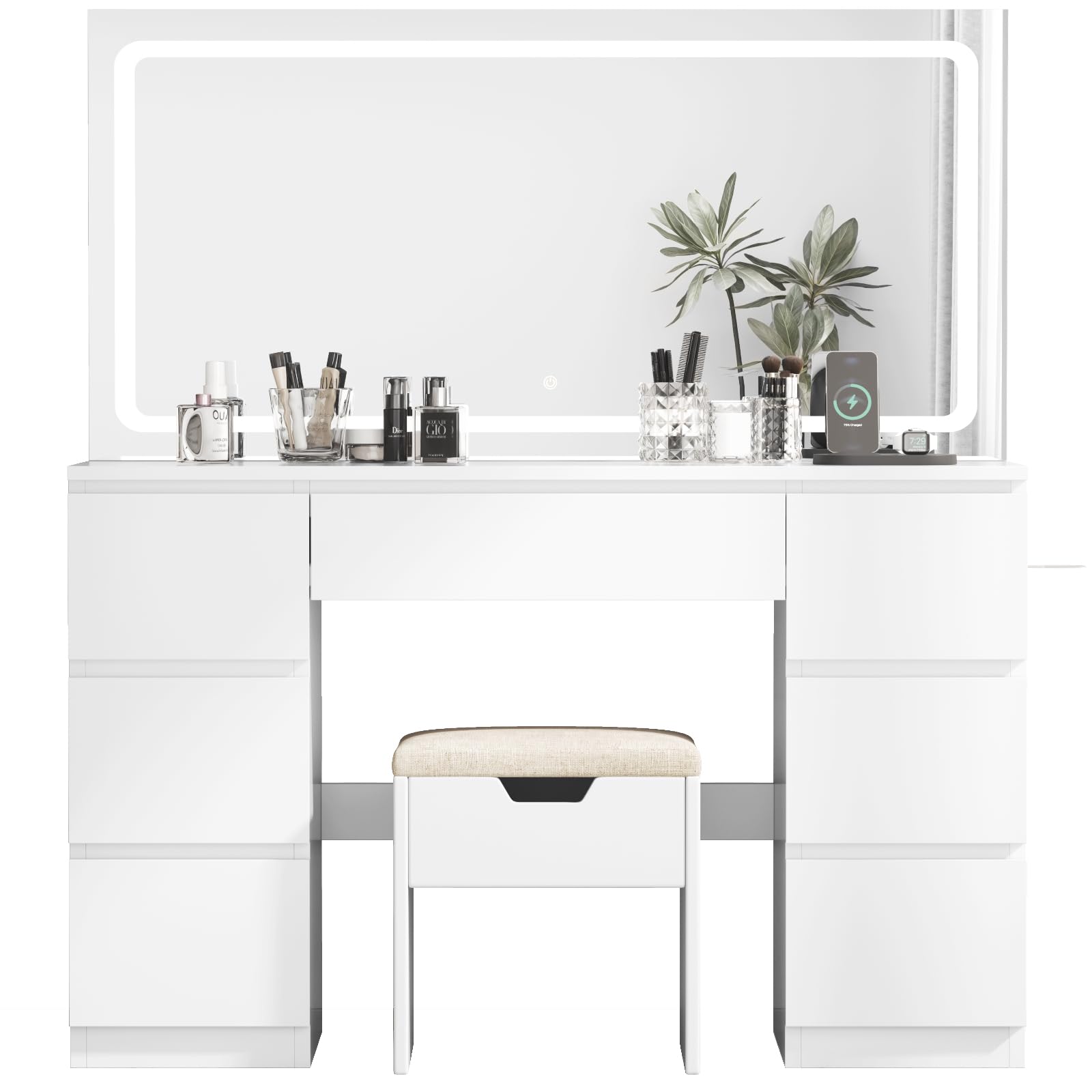 Schminktisch mit LED Spiegel TR-0884 115 x 40 x 139 cm 7 Schubladen 3 Lichtfarben mit Steckdosen und Hocker