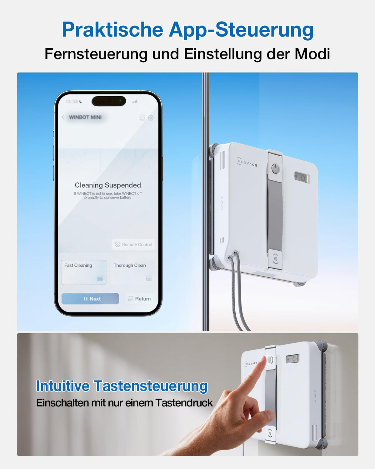 Fensterputzroboter WINBOT Mini 2 215 mm breit 55 mm dünn 4-Ecken-Bürsten 10 μm Ultraschallnebel 6 Reinigungsmodi App-Steuerung