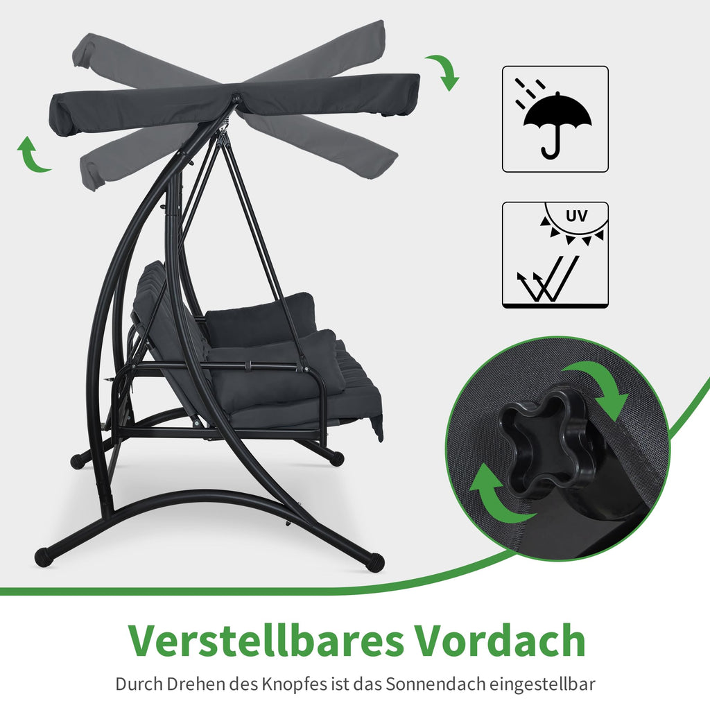 3-Sitzer Hollywoodschaukel mit Liegefunktion Sonnendach 300 kg 201 x 125 x 173 cm