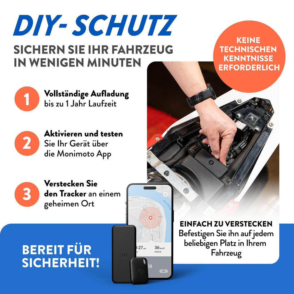 GPS Tracker Monimoto 9 für Motorräder mit Alarm und GPS-Ortung IP68 900 mAh Akku LTE-M eSIM bis zu 12 Monate