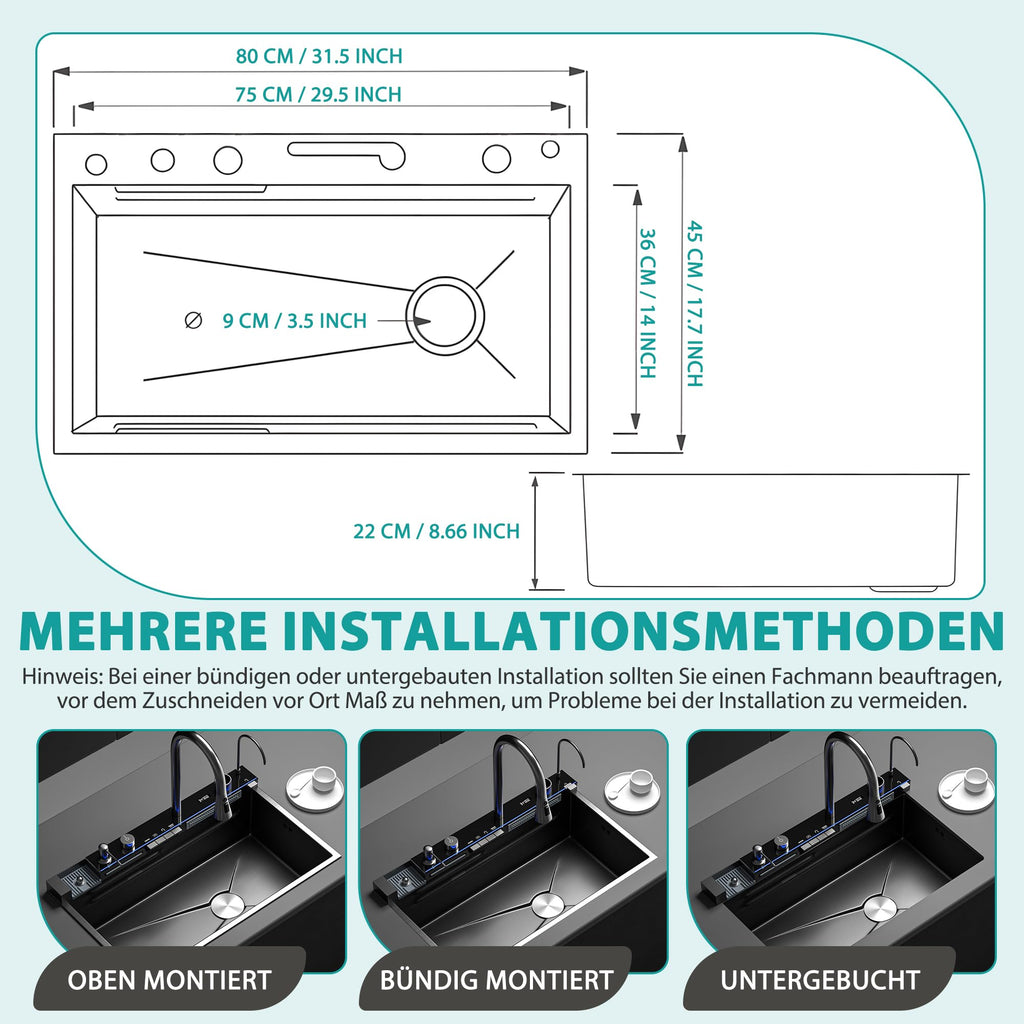 Edelstahl Küchenspüle 80 x 45 x 22 cm Einzelbecken mit LED-Temperaturanzeige ausziehbarem Wasserfallhahn und Ablaufgarnitur
