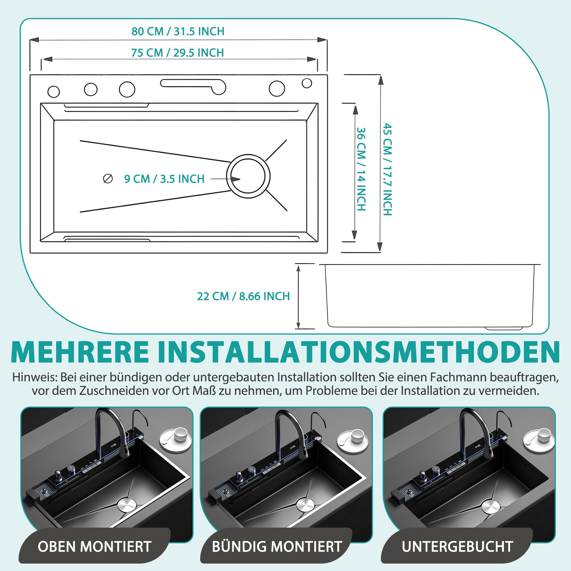 Edelstahl Küchenspüle 80 x 45 x 22 cm Einzelbecken mit LED-Temperaturanzeige ausziehbarem Wasserfallhahn und Ablaufgarnitur
