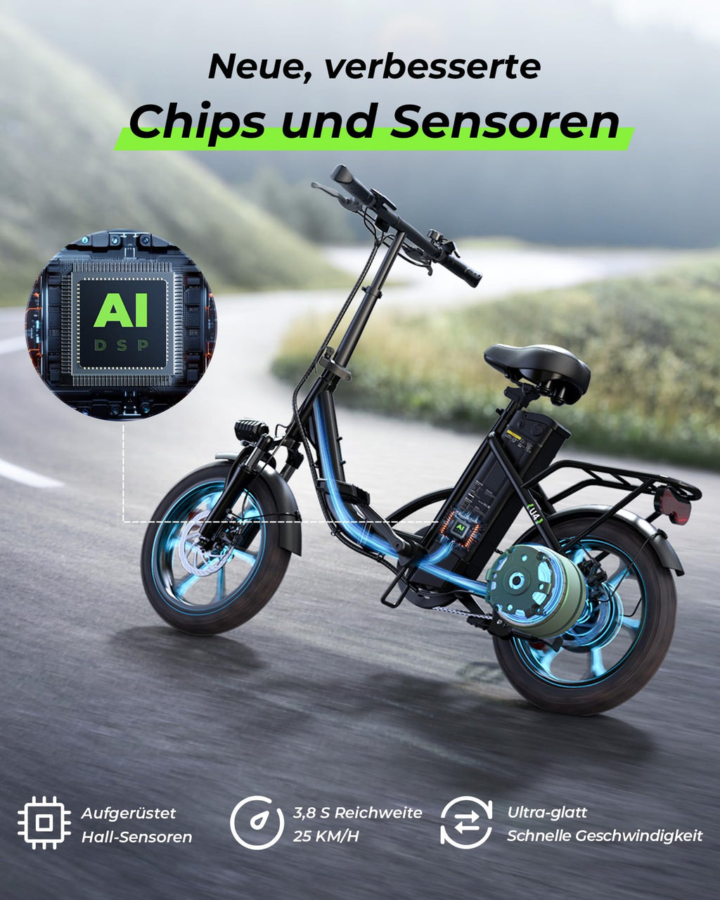 Faltbares E-Bike U4 16 Zoll Schwarz mit 250 W Motor 36 V 10,4 Ah Akku 5 Gängen Scheibenbremsen und Gepäckträger