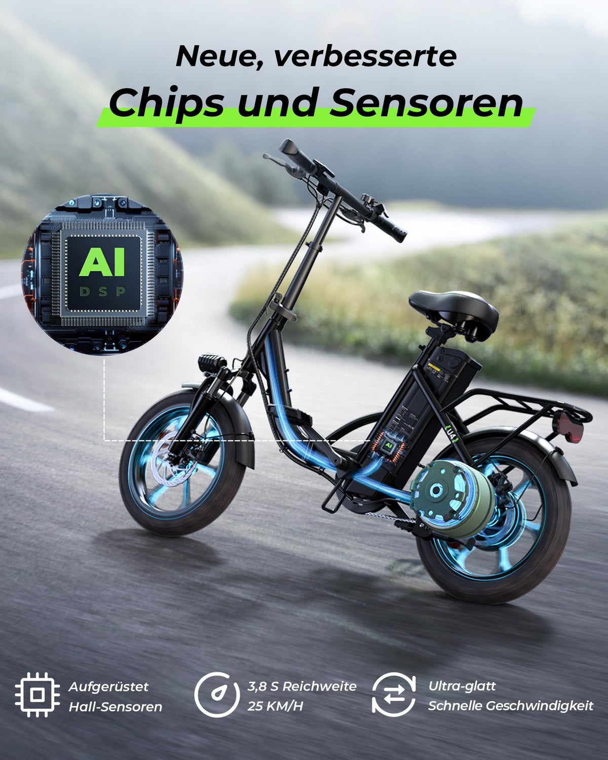 Faltbares E-Bike U4 16 Zoll Schwarz mit 250 W Motor 36 V 10,4 Ah Akku 5 Gängen Scheibenbremsen und Gepäckträger