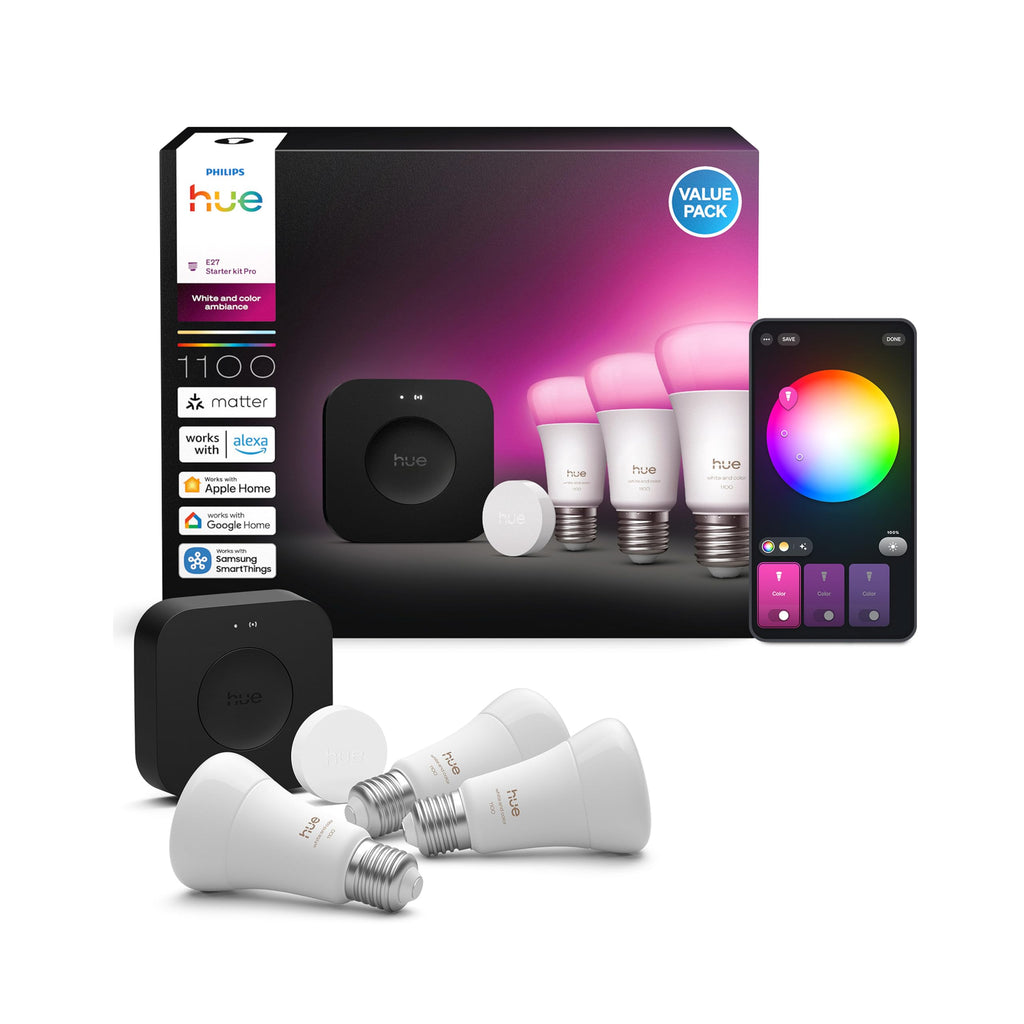 Smart LED Starterset mit Bridge Pro 3 E27 Lampen und Smart Button White Color Ambiance 1100 lm Matter Zigbee App Steuerung