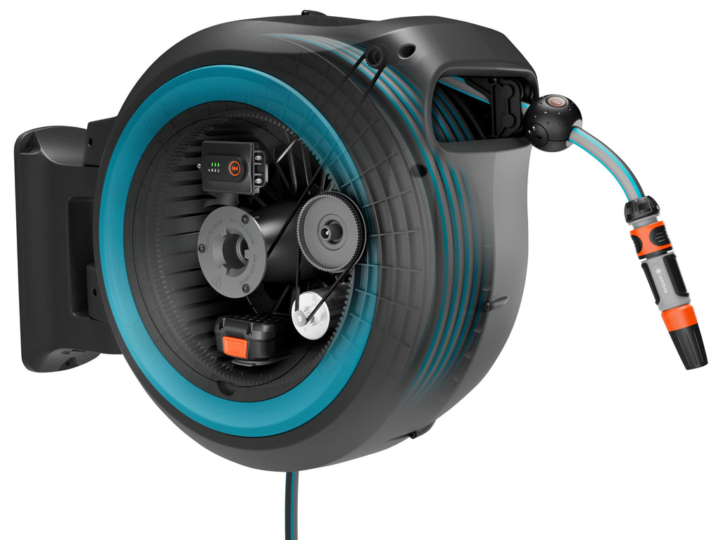 Akku Wand Schlauchbox 35 m Gartenschlauch Automatischer Schlauchaufroller 18V mit Schlauchführung RollControl Wandmontage 180° schwenkbar