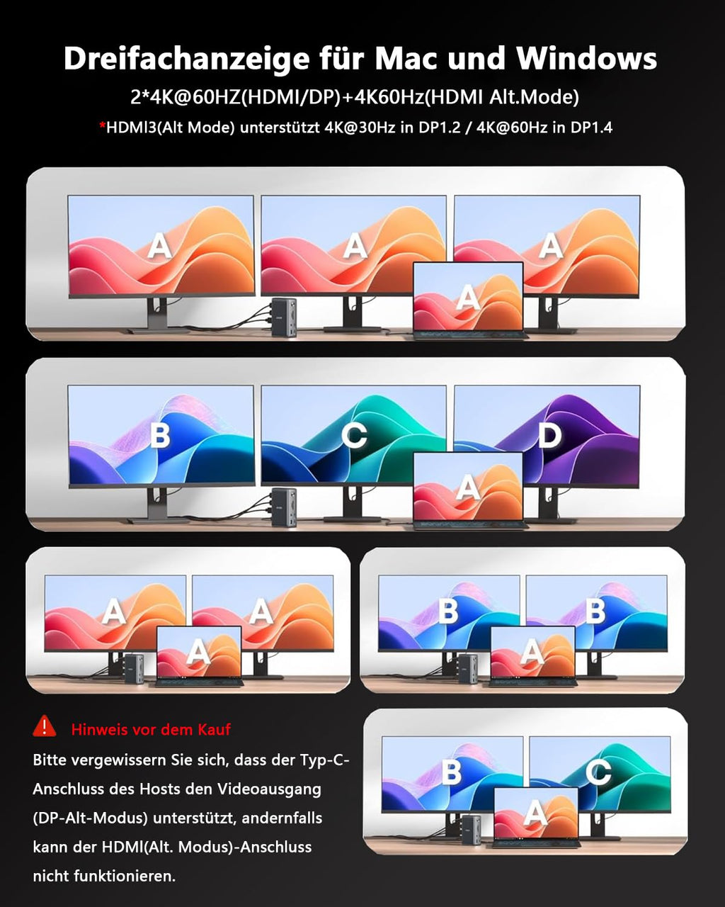DisplayLink Dockingstation Dreifach-Display 4K+Dual 2K 3 HDMI 2 DisplayPort 15-in-1 100W