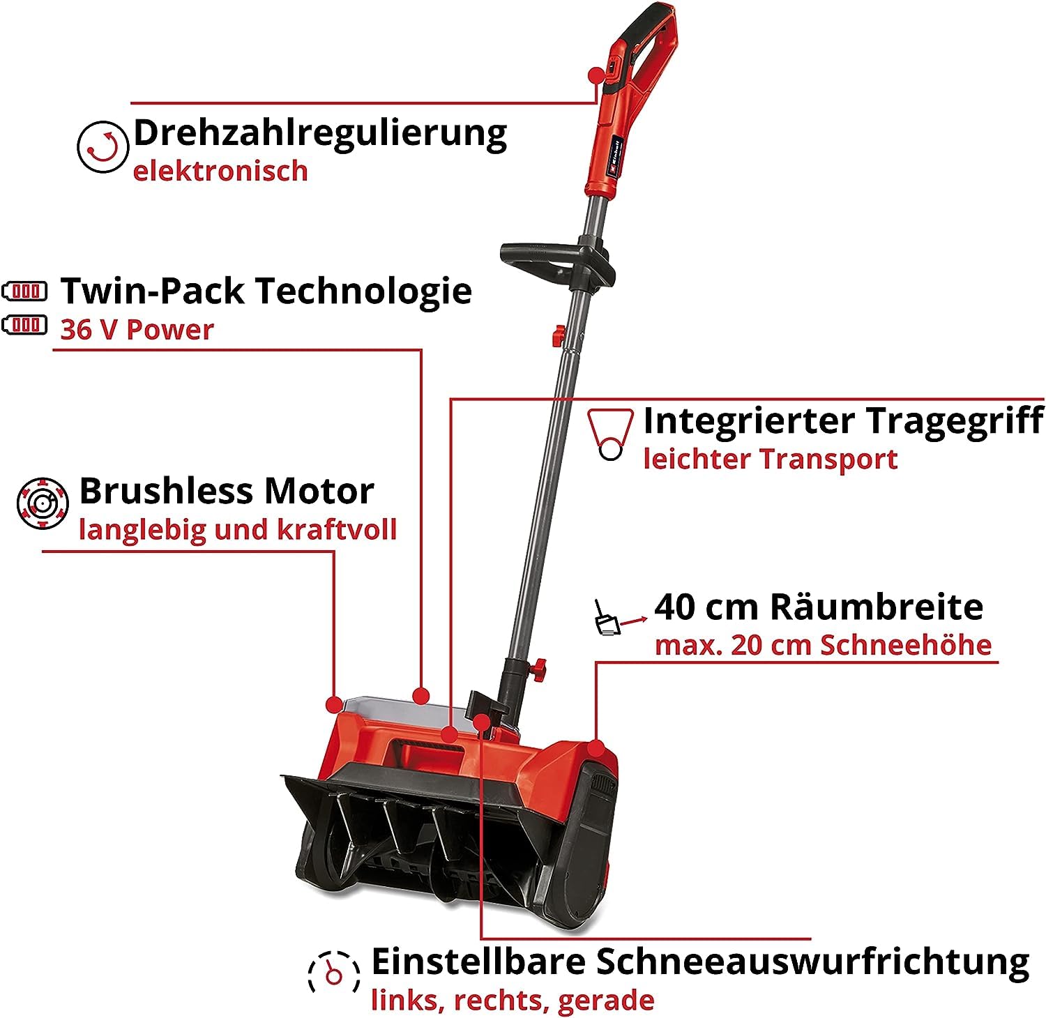 Akku-Schneefräse GE-ST 36/40 Li E-Solo 36 V 40 cm Arbeitsbreite bis 20 cm Schneehöhe 6 m Auswurf PXC ohne Akku