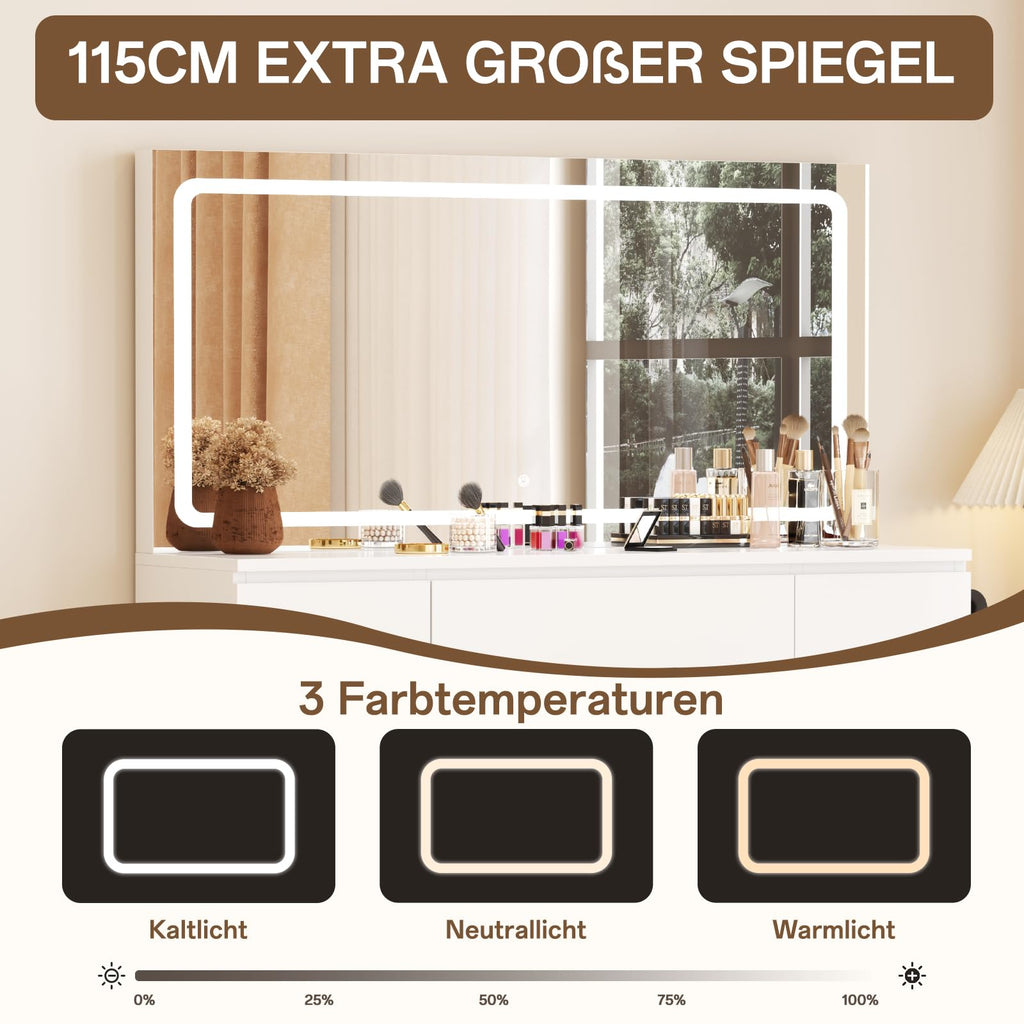 Schminktisch mit LED Spiegel TR-0884 115 x 40 x 139 cm 7 Schubladen 3 Lichtfarben mit Steckdosen und Hocker