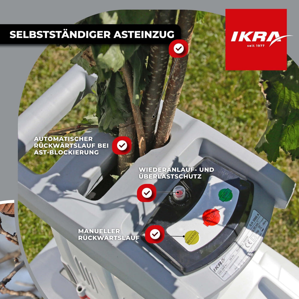 Elektro Walzenhäcksler ILH 3000A 3000 W für Äste bis 44 mm mit 60 L Fangbox automatischem Asteinzug