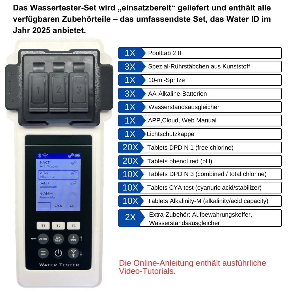 Pool-Wasseranalysegerät PoolLab 2.0 27 Parameter mit WiFi Bluetooth App Aufbewahrungskoffer und Wasserstandsausgleicher