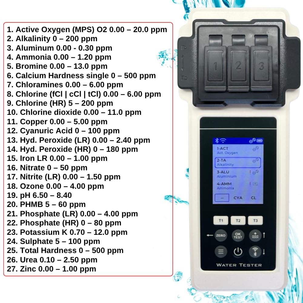 Pool-Wasseranalysegerät PoolLab 2.0 27 Parameter mit WiFi Bluetooth App Aufbewahrungskoffer und Wasserstandsausgleicher