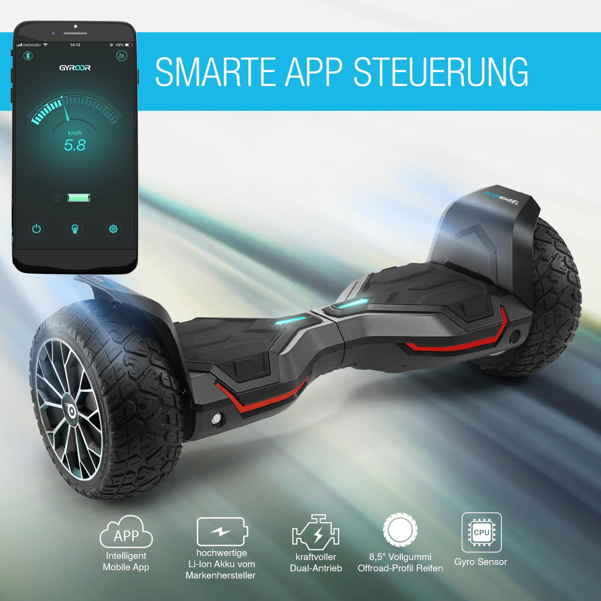 Offroad Hoverboard HX510 8,5 Zoll mit 700 W Dual-Motor Bluetooth App-Steuerung LED und 120 kg Belastbarkeit