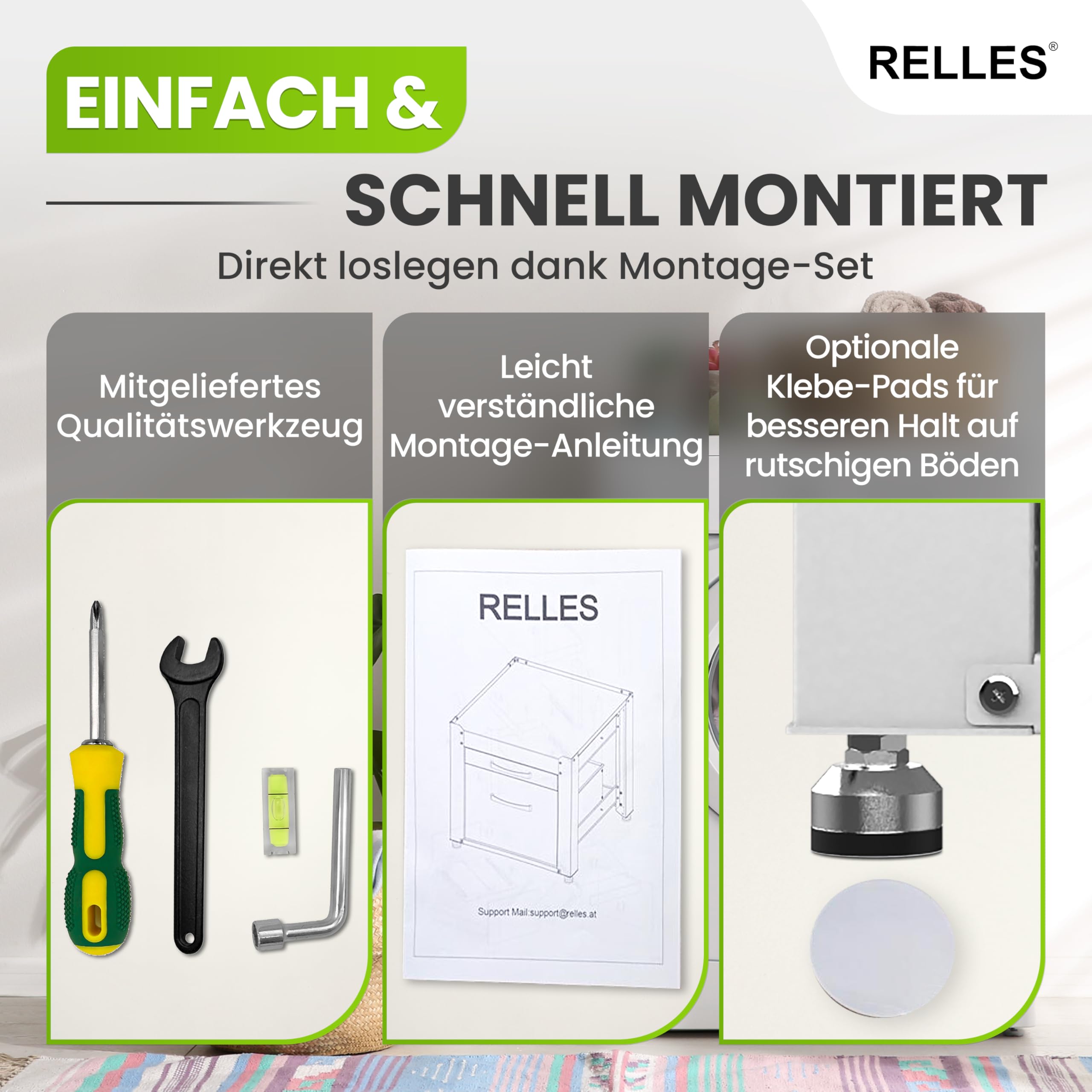 Waschmaschinen Untergestell A007 mit Schublade und Ablage 500 kg Tragkraft 62 x 62 x 57,5 cm höhenverstellbare Füße