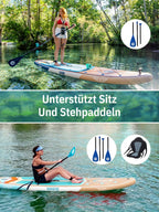 Extra Großes aufblasbares SUP Board 335 x 83 x 15 cm für 2+1 Personen bis 250 kg mit StabilTrac Finne und Kayak Sitz