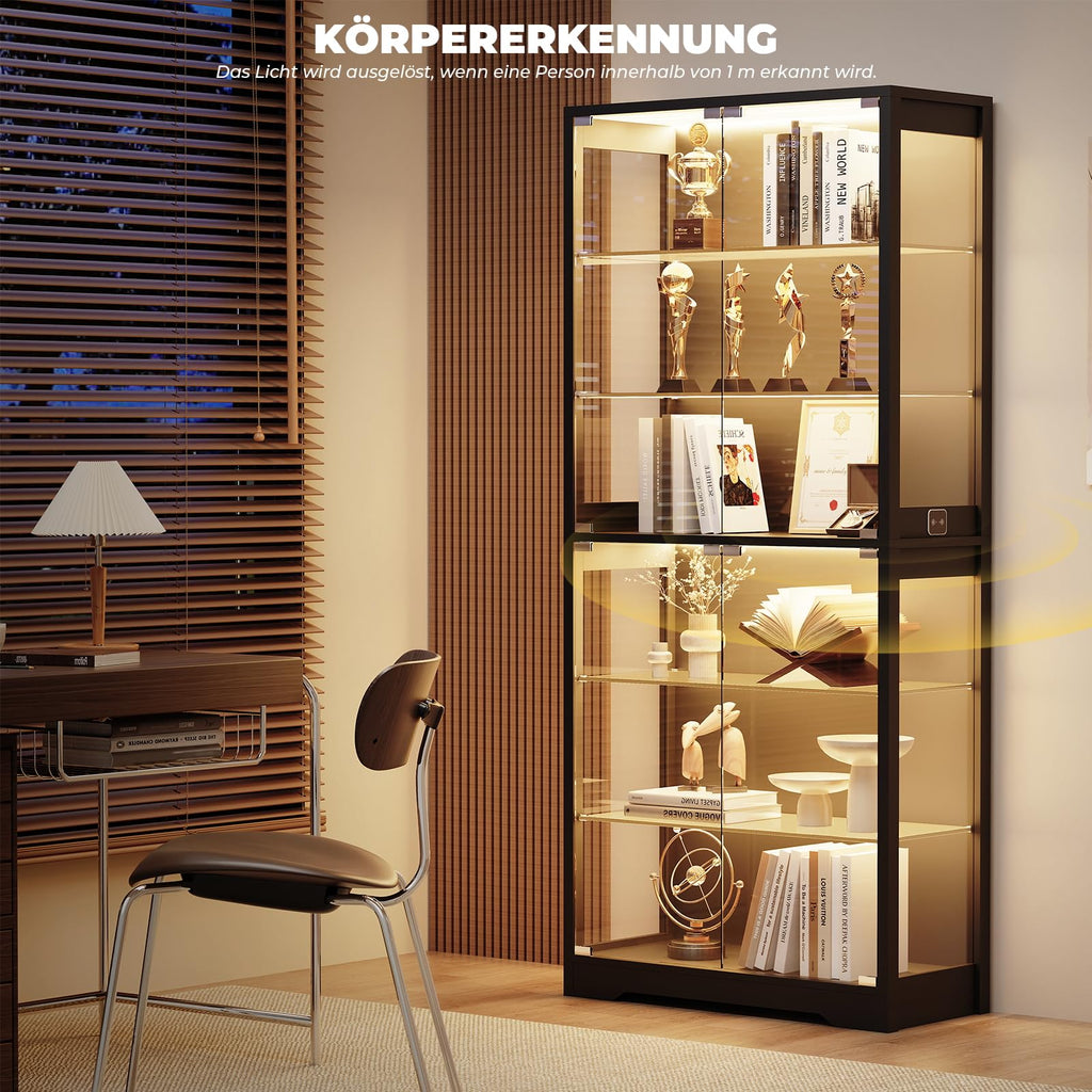 Vitrine mit Glastür BD019B 180 cm 6 Ebenen Beleuchtung verstellbare Glasböden für Sammlerstücke