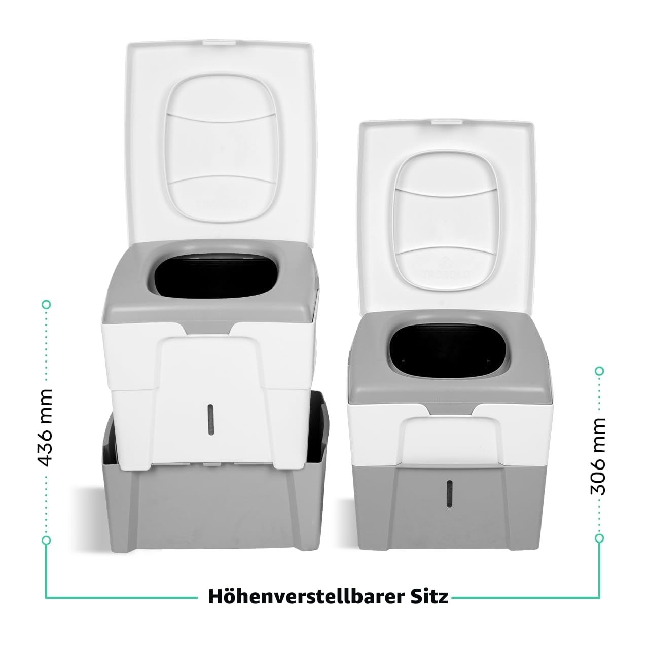 Mobile Trockentrenntoilette WandaGO P1 höhenverstellbar 31–44 cm 150 kg 6,5 L + 4,6 L Grau