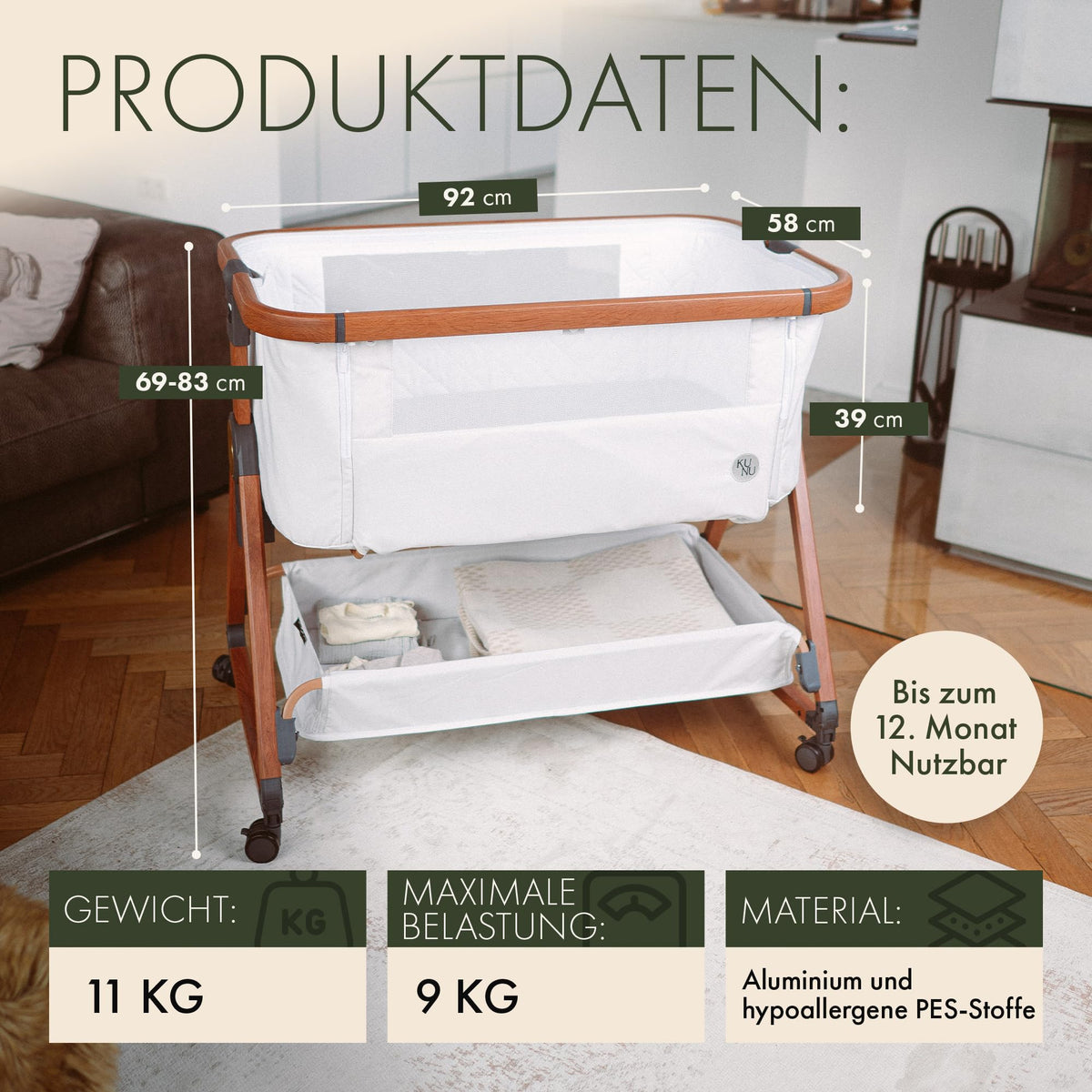 Baby Beistellbett mit Rollen 3 in 1 höhenverstellbar für Boxspringbett Reisebett Wiegefunktion 93 x 58 x 82 cm bis 9 kg