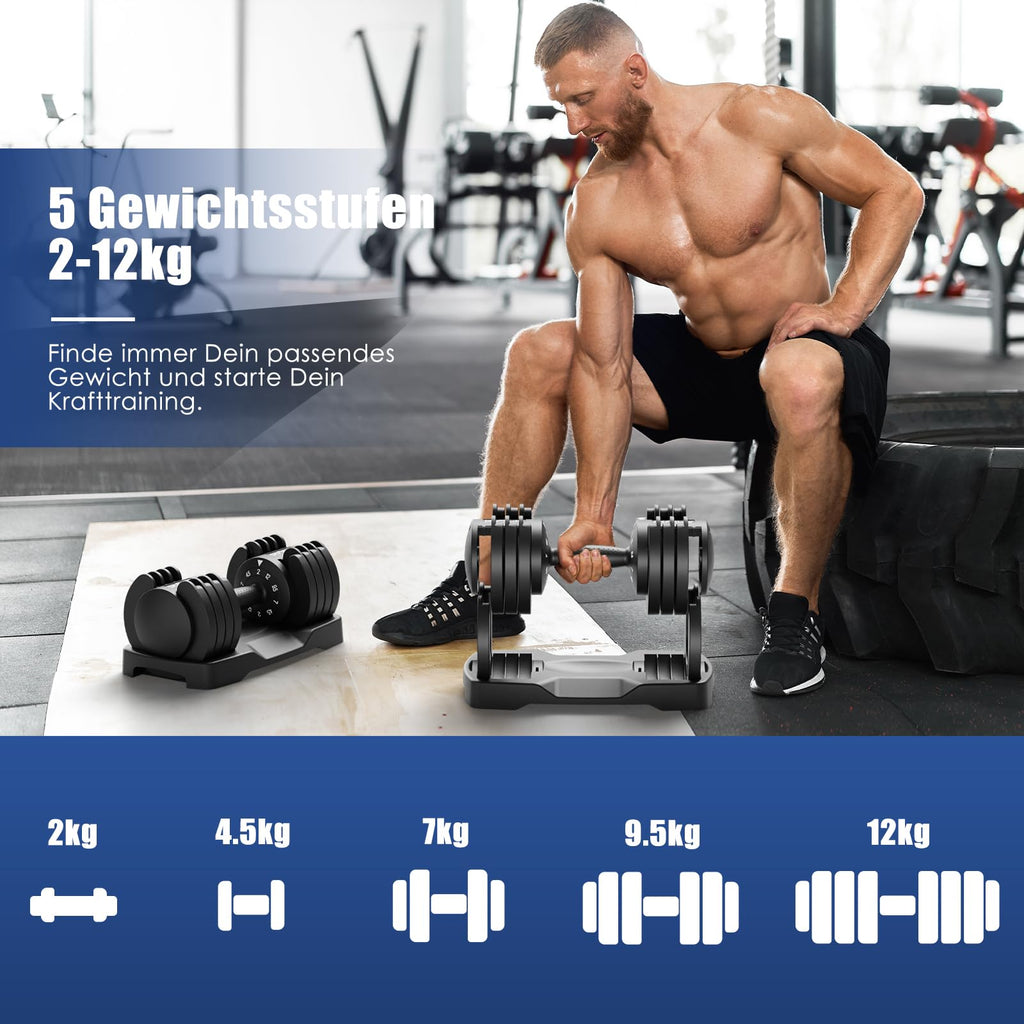 Verstellbare Kurzhanteln 5-in-1 2–12 kg 5 Gewichtsstufen mit Ablageschale Anti-Rutsch-Griff 2er Set