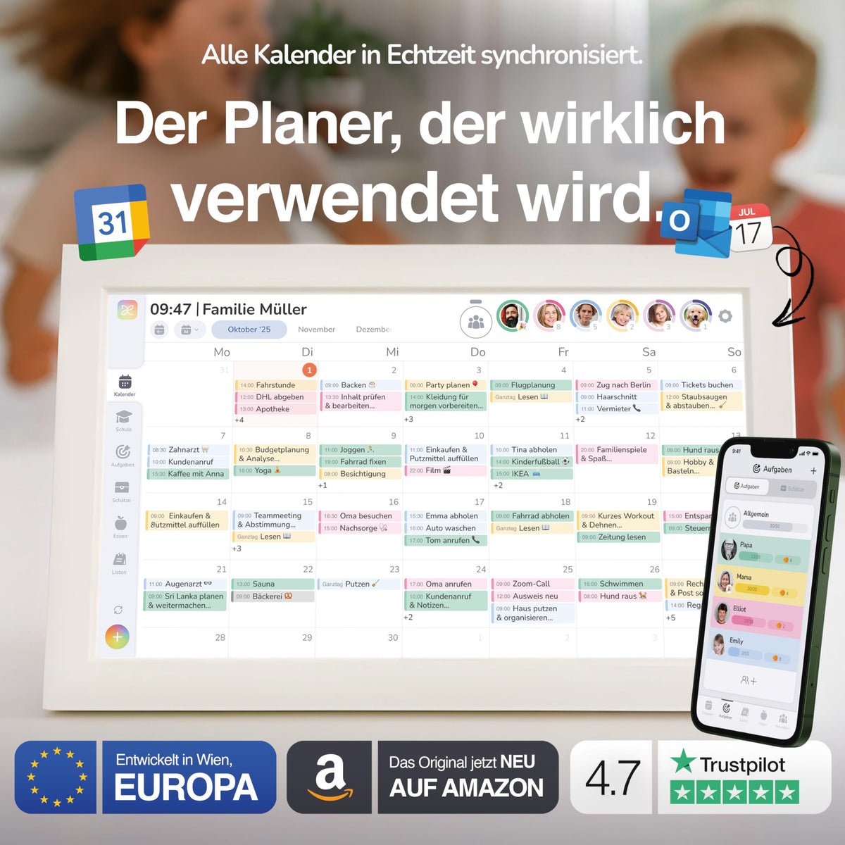 Digitaler Familienkalender 15,6 Zoll Wandkalender FHD Touchscreen App für iOS und Android 40 x 25 cm Kalender To-dos Routinen