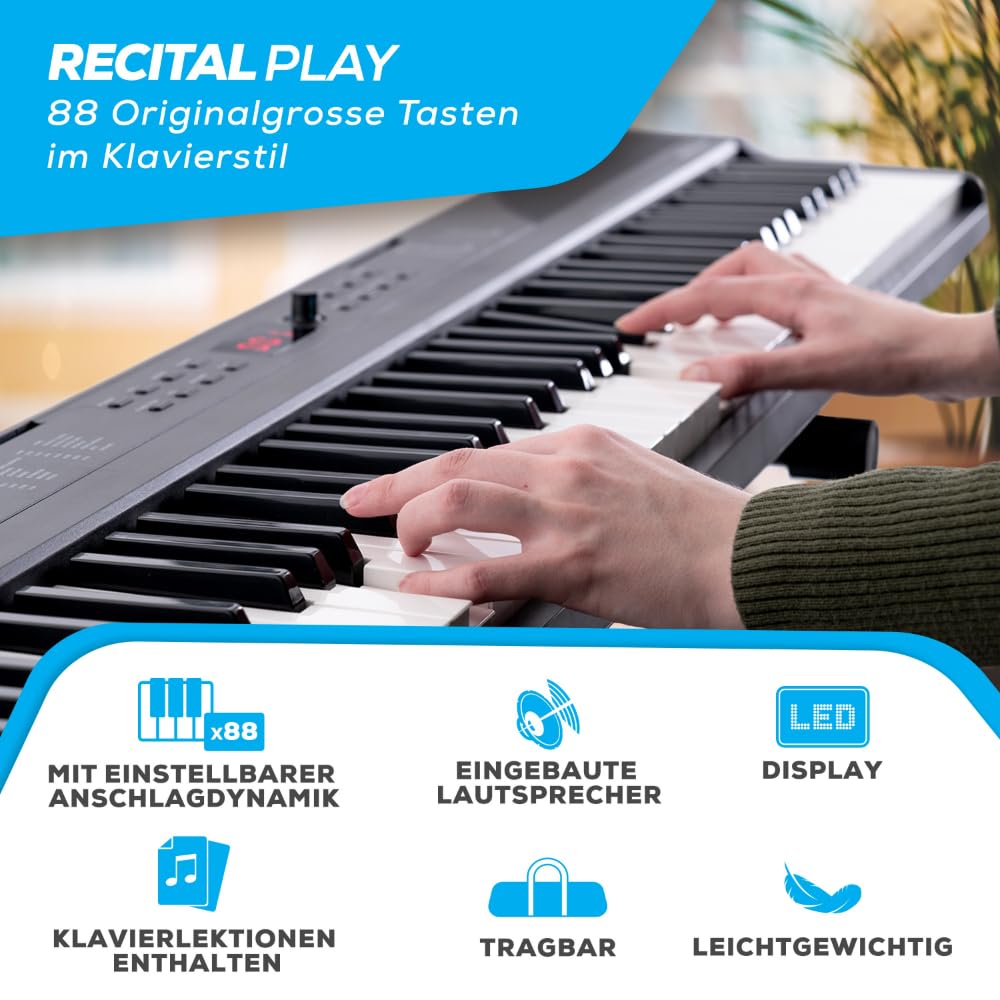Digitalpiano Recital Play 88 Tasten 480 Sounds USB MIDI mit Ständer Sustain-Pedal Kopfhörer und Tragetasche