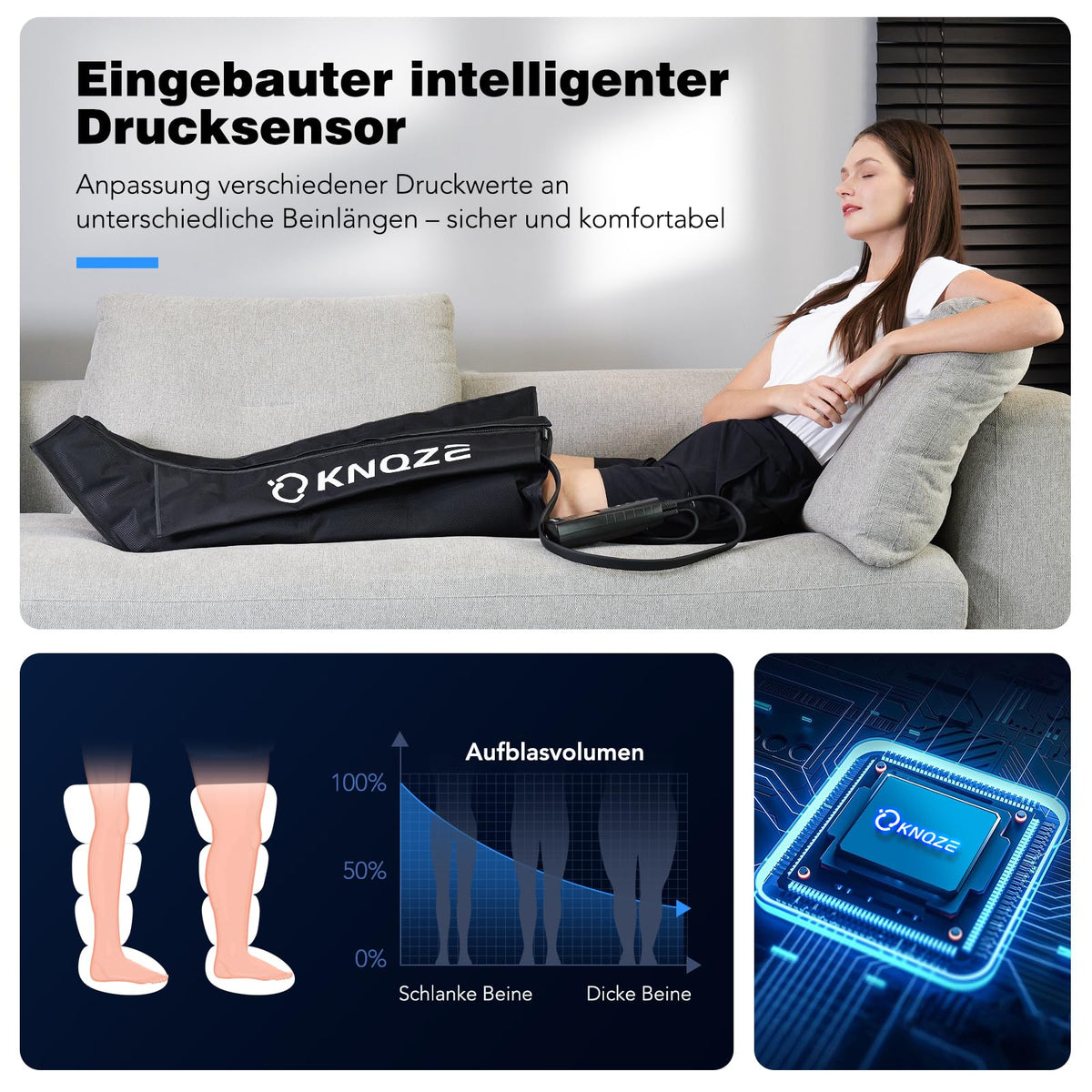 Beinmassagegerät mit 4 Zonen 6 Modi 6 Intensitäten 3 Timer für Füße Waden und Oberschenkel