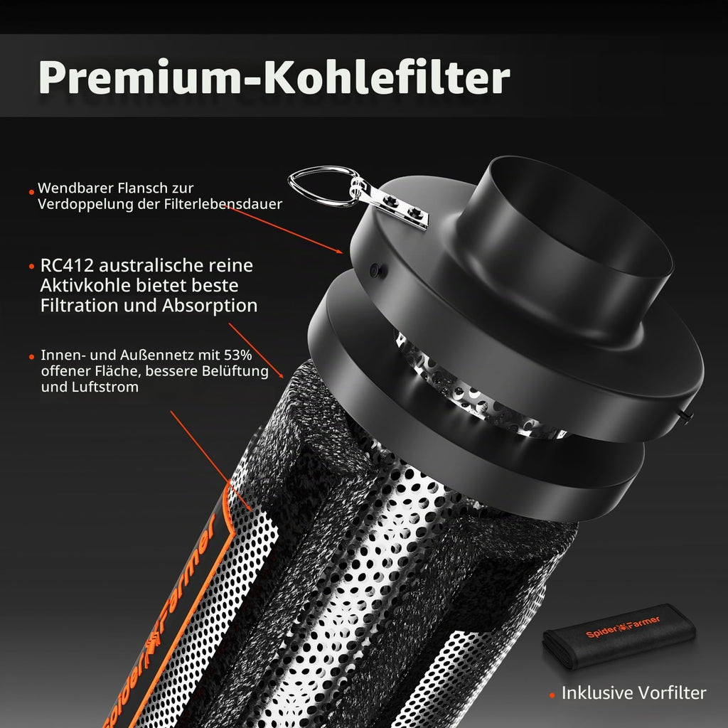 Rohrventilator Abluftset 100 mm mit Aktivkohlefilter GGS Controller 205 CFM 27 W Temperatur Feuchtigkeitssensor 26,8 dB 4 m Schlauch