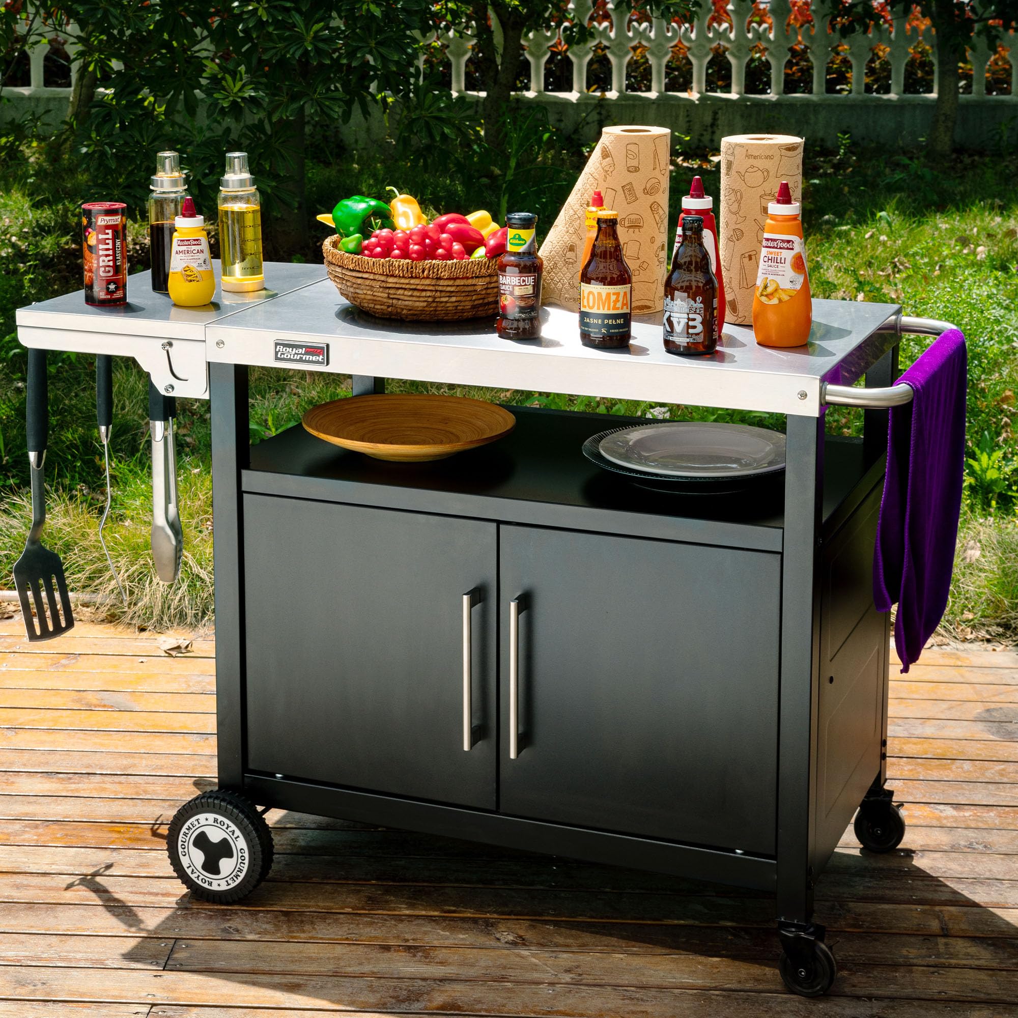 Grillwagen mit Edelstahl-Tischplatte klappbarem Seitentisch Unterschrank Rollen 126,5 x 60 x 81 cm