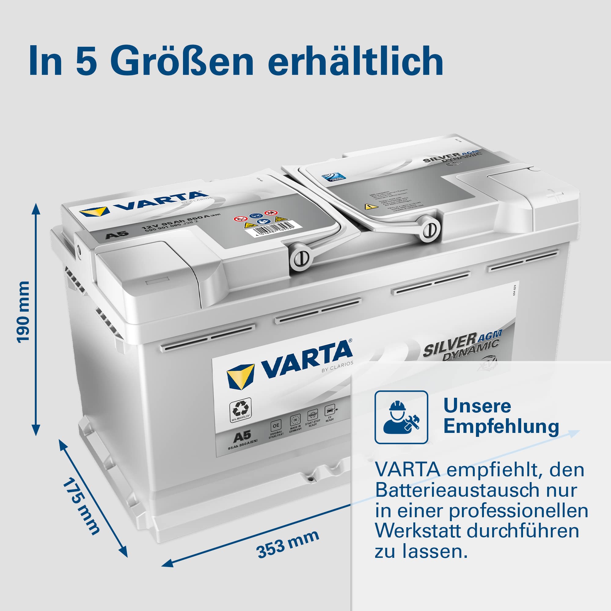 AGM Autobatterie 95 Ah 850 A 12 V 353 x 175 x 190 mm Start-Stopp xEV 6 Zellen SAE-Klemme 595901085